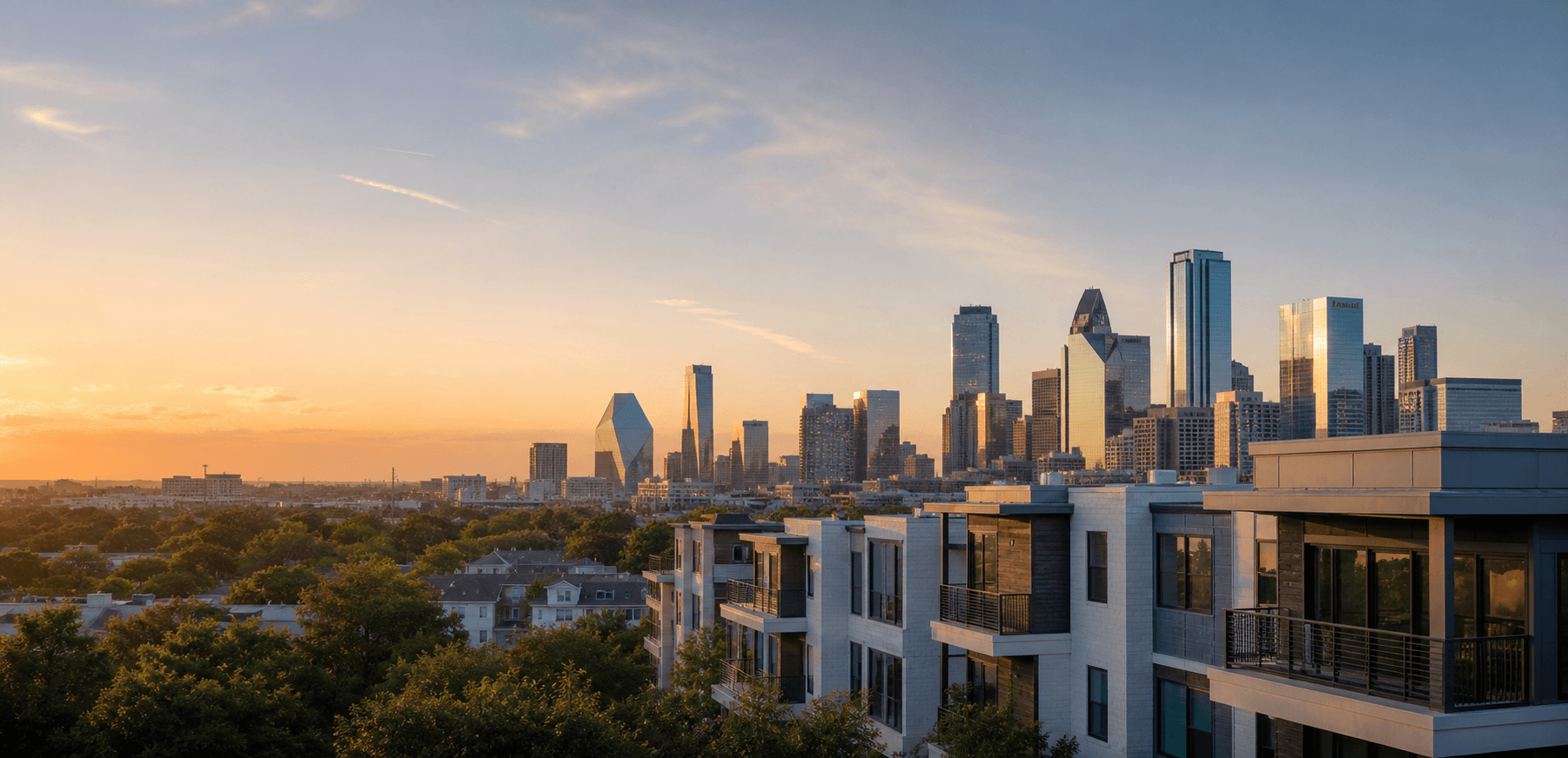 Dallas-Fort Worth skyline and residential real estate at golden hour